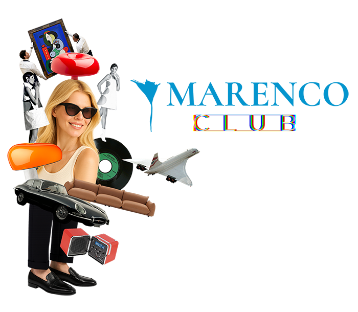 Collage di immagini con il logo Marenco Club che racconta l’atmosfera del club tra arte, musica e socialità